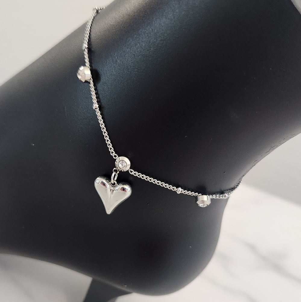 Summer Style Heart Charm Pendant Silver Tone Adjustable Ankle Bracelet - Picture 7 of 14